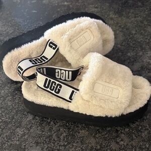 UGG Cream Fluffy Slides with Black Sole